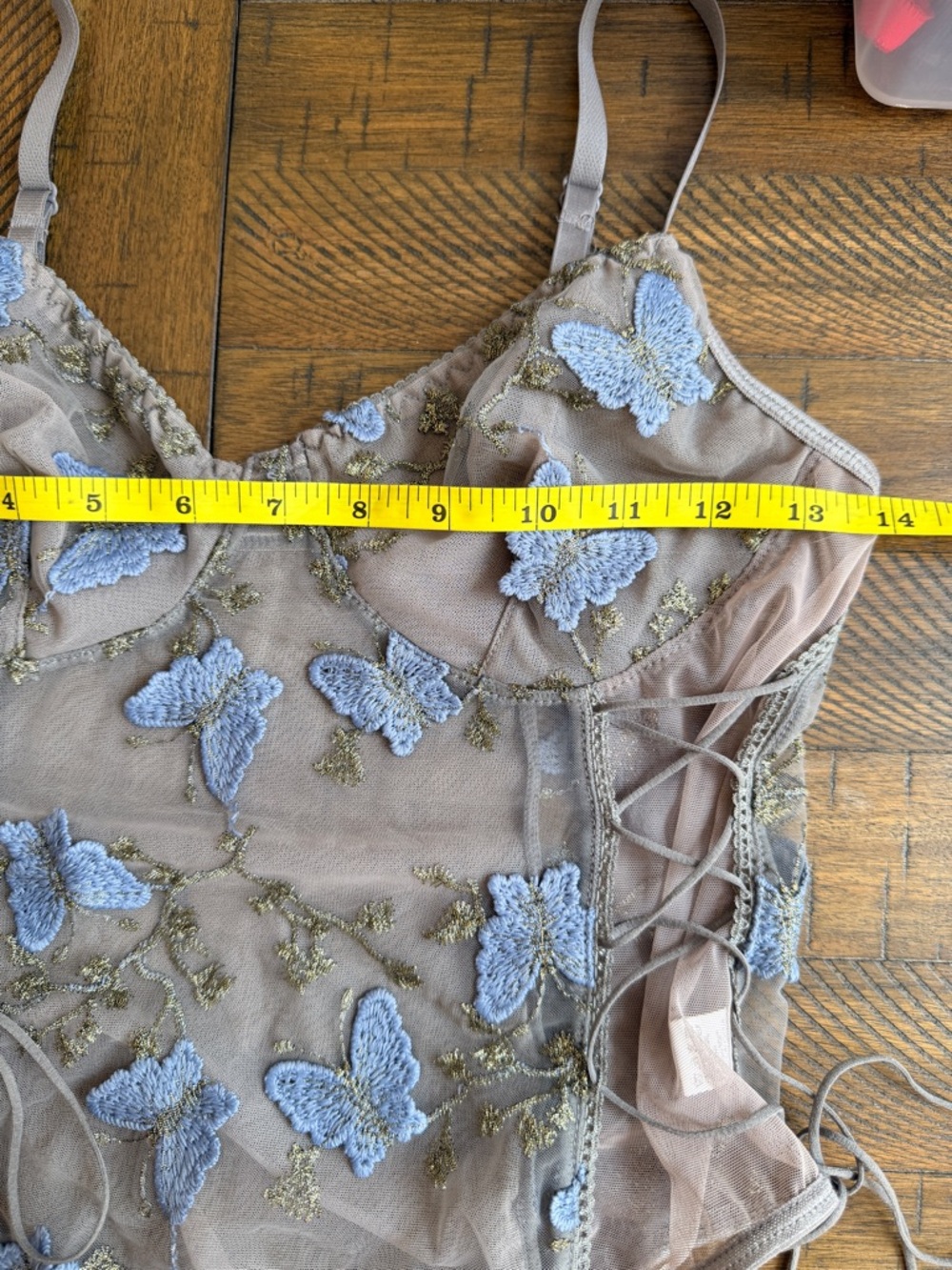 Sheer Butterfly Embroidered Bodysuit Lace Up Sides Gray Blue Mesh Lingerie Large - Picture 11 of 13